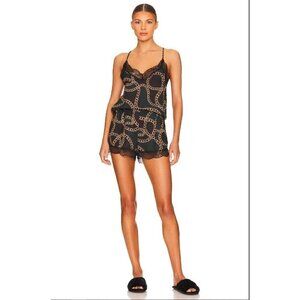 Plush Chain Link Cami Lace Trim Pajama Set Black & Green Womens Size XS